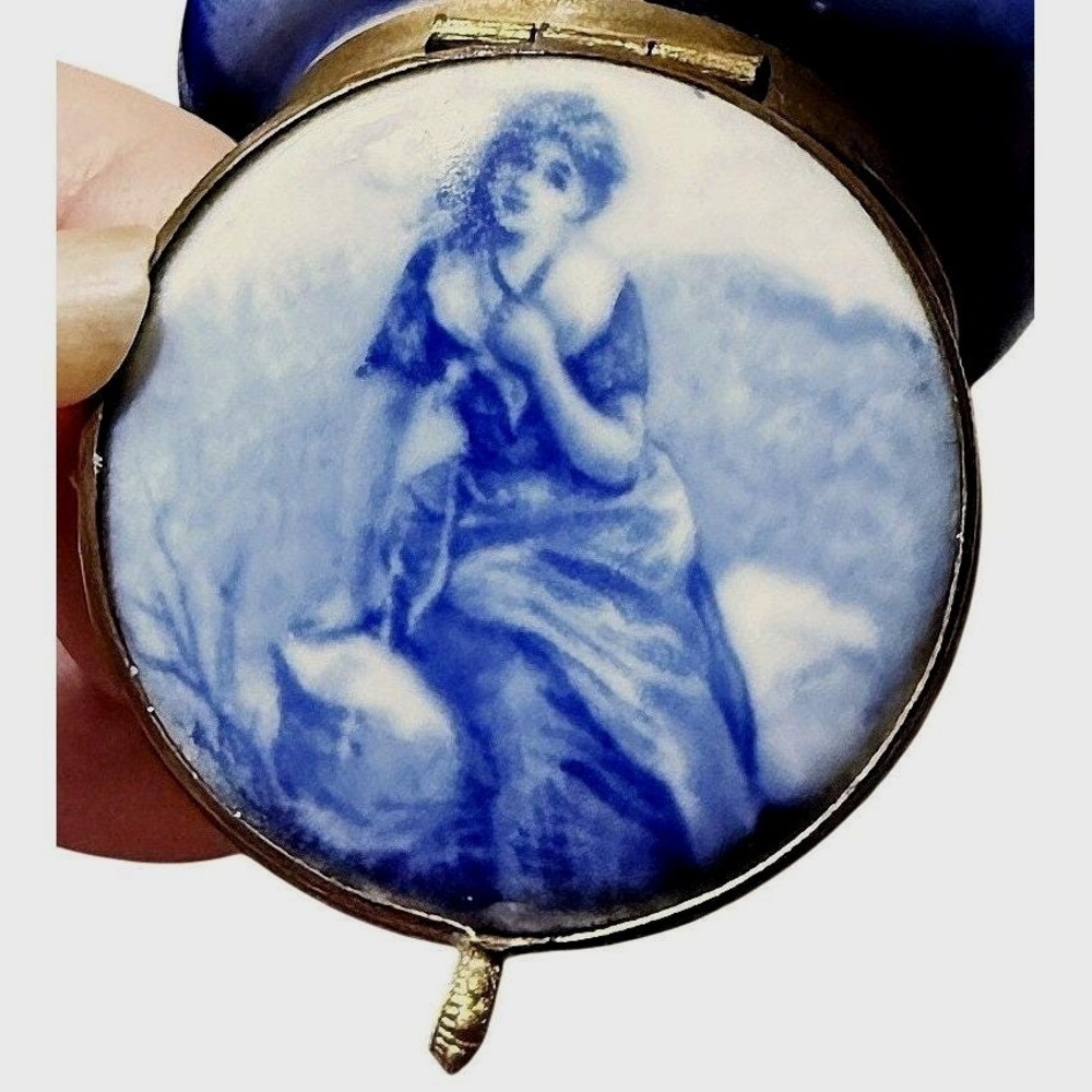 Hand Painted Cobalt Porcelain Trinket Box, Classical Maiden, Dresden Style *READ